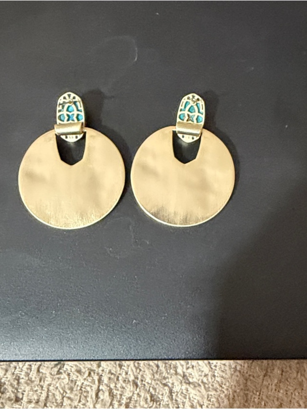 Kendra Scott Gold Disc Drop Earrings with Turquoise Stones - Picture 2 of 3